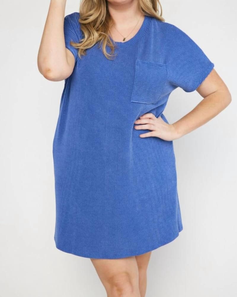 Front of a model wearing a size XL Fiona Dress In Blue in Blue by entro. | dia_product_style_image_id:344662